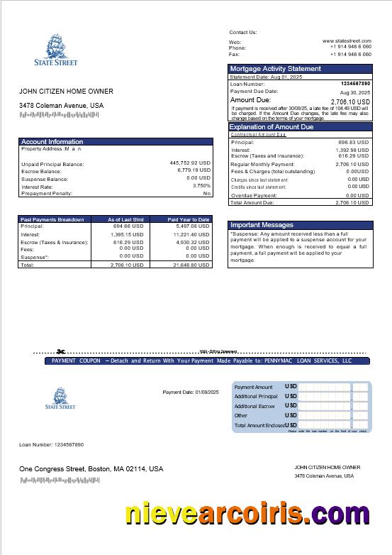 USA State Street Corporation bank mortgage statement